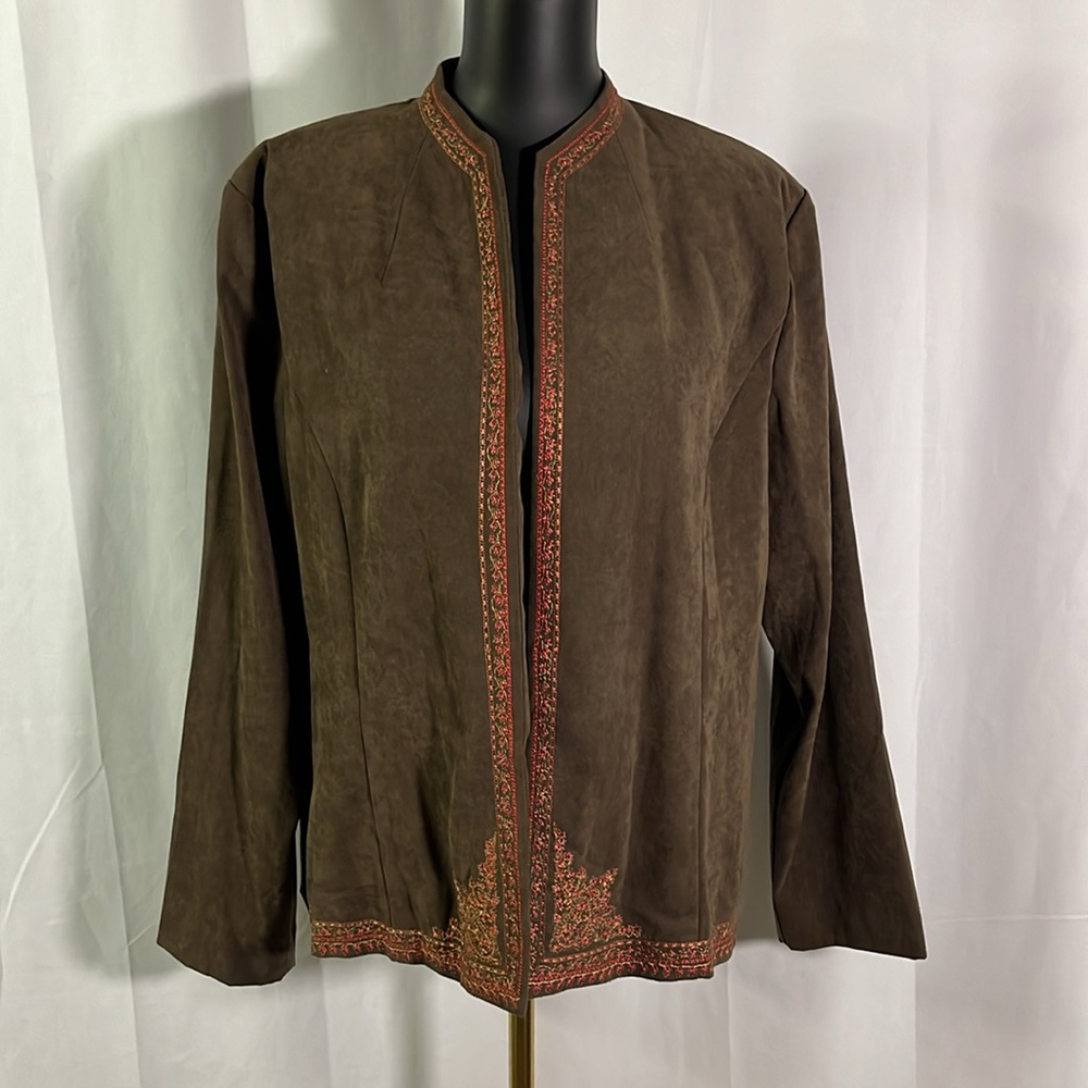 Natural Impressions Brown Red & Orange Embroidered Open Front Jacket